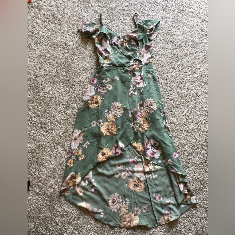 Women’s high low green floral dress | Off the shoulder | Size L